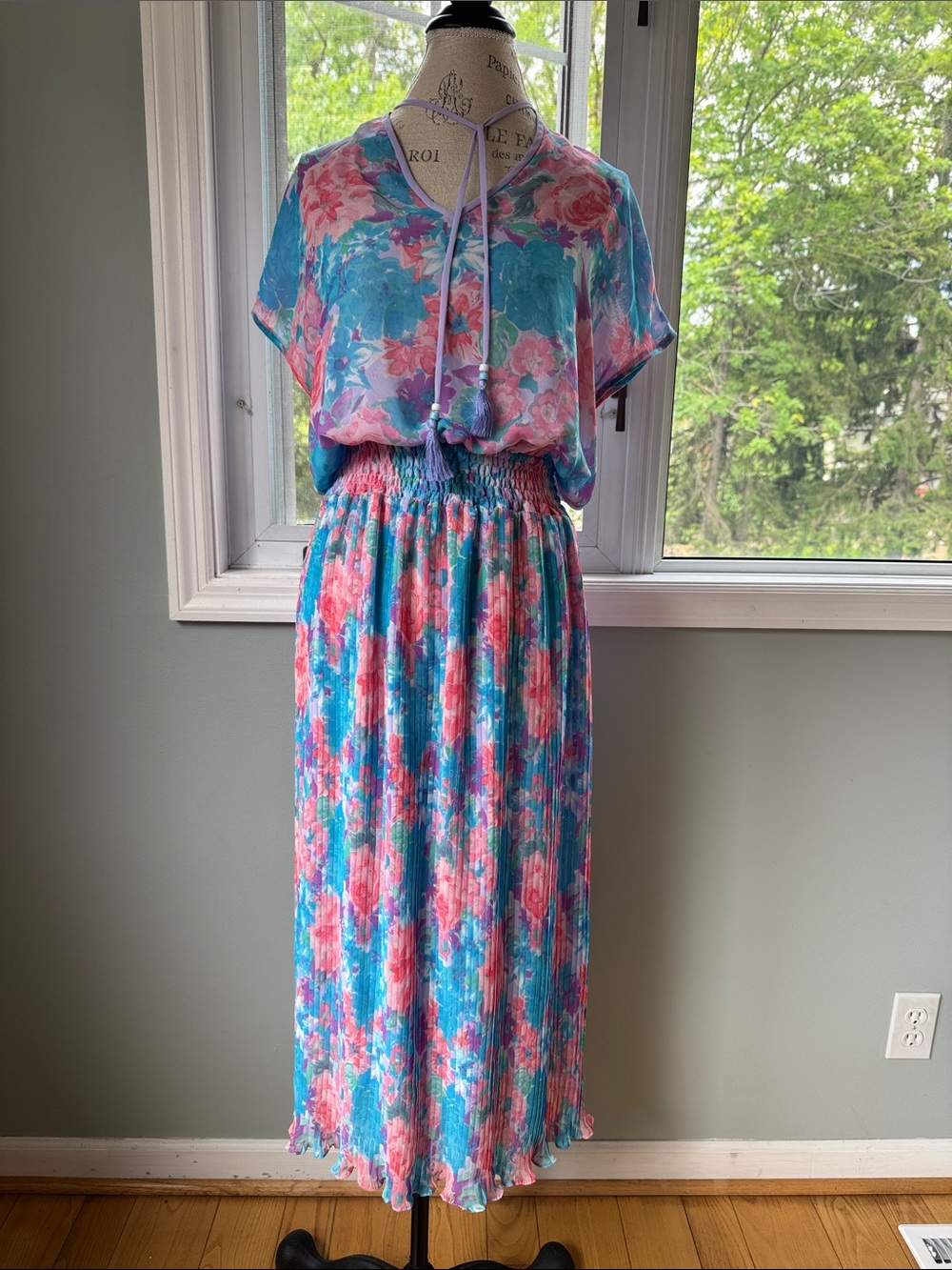 Diane Freis vintage floral georgette tassled accordian pleated skirt midi dress